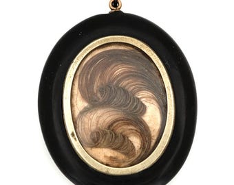 Antique 1860s Victorian Jet Mourning Hairwork Pendant Necklace