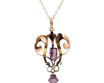 Antique Edwardian c.1910 9ct Rose Gold Amethyst Lavalier Pendant