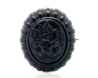 Antique Victorian Pressed Horn Mourning Brooch, c.1880