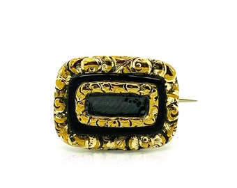 Antique c.1860s Victorian 9ct Gold Mourning Brooch with Ename Hairwork