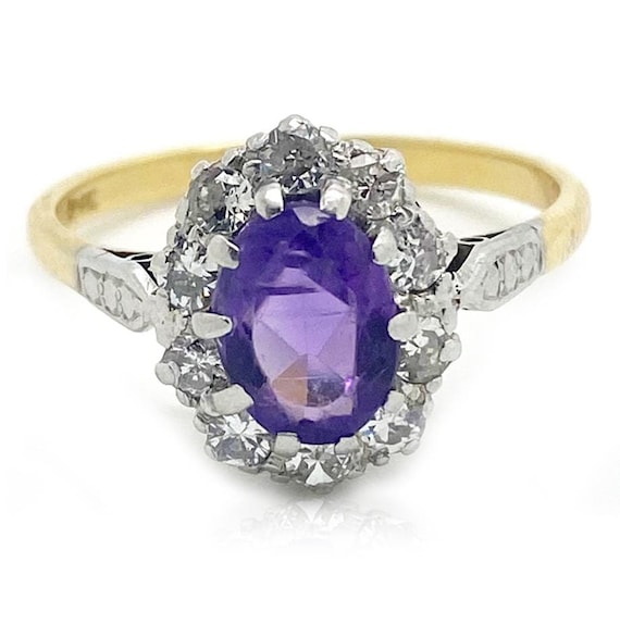 Vintage 1970s Amethyst Diamond 18ct Gold Ring