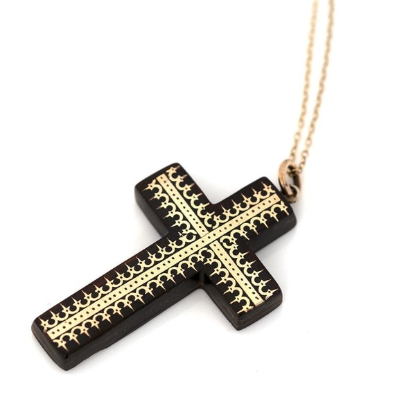 Antique Victorian Pique Tortoiseshell Cross Neckl… - image 5