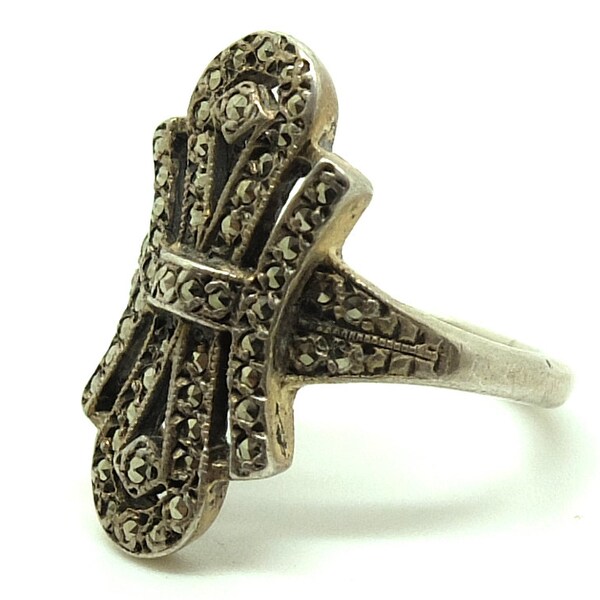Vintage Silver Ring | Art Deco Marcasite Sterling Silver Ring (Size: P) | Marcasite Ring | FREE DELIVERY