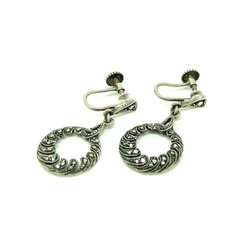 Silver Drop Earrings Screw Earrings Vintage Marcasite Drop Earrings 1930s Drop Earrings Marcasite Earrings Marcasite Drop Earrings