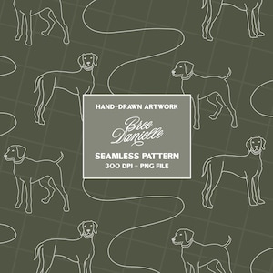 May include: Seamless pattern featuring line art illustrations of dogs on a dark green background. The design includes the text "HAND-DRAWN ARTWORK" and "Bree Danielle" along with "SEAMLESS PATTERN 300 DPI - PNG FILE".