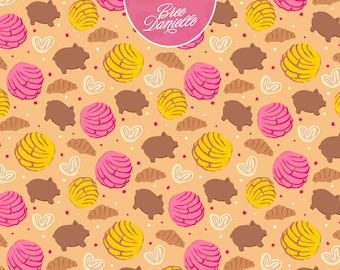 May include: A repeating pattern on a light orange background featuring brown pig-shaped cookies, yellow and pink concha sweet breads, brown croissants, and cream-colored heart-shaped pastries. A pink circle at the top displays the text Bree Danielle.