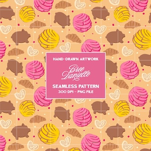 May include: A seamless pattern with illustrations of conchas, pig-shaped cookies, croissants, and heart-shaped pastries in pink, yellow, and brown on a light orange grid background. The design includes the text "HAND-DRAWN ARTWORK" and "Bree Danielle".