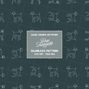 May include: Seamless pattern featuring white line drawings of dogs in various poses on a dark teal background. The design includes standing, lying, and running dog illustrations. The image also includes the text "HAND-DRAWN ARTWORK", "Bree Danielle", and "SEAMLESS PATTERN".
