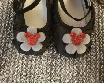 Disney Mickey Mouse Black Baby Shoes Red Glitter Mickey Mouse Heads Soft First Disney Trip or 1st Birthday Can Add Crystals!!