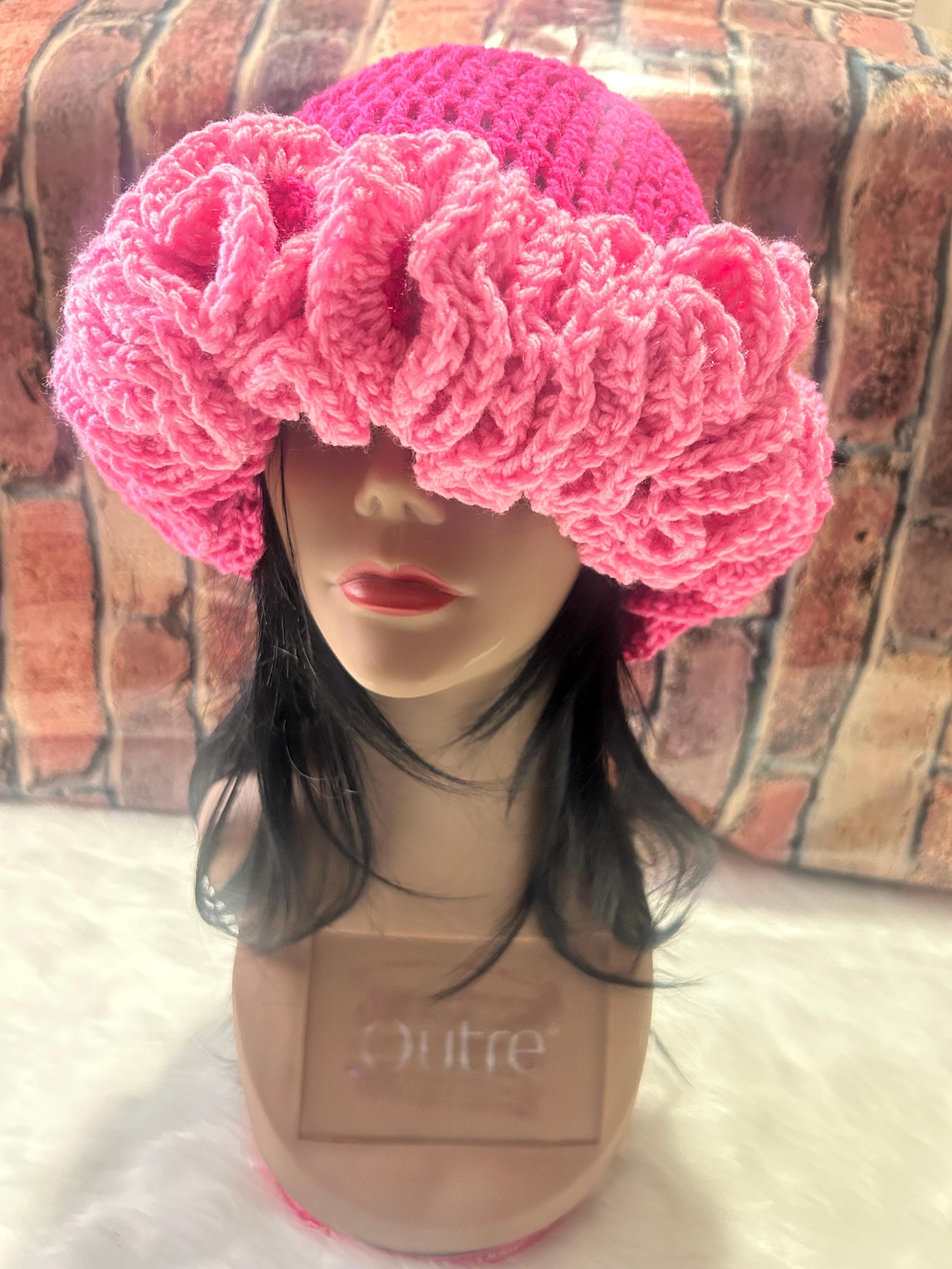 Handmade Crochet Ruffle Hat Pink‎ Statement Bonnet Cozy Winter Unique Artisan A video tutorial of this chenille crochet ruffle hat is up  main image 4