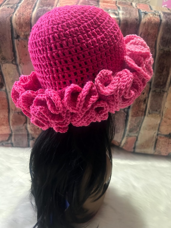 Shades of Pink Crochet Relaxed Ruffle Hat - Etsy display picture 2