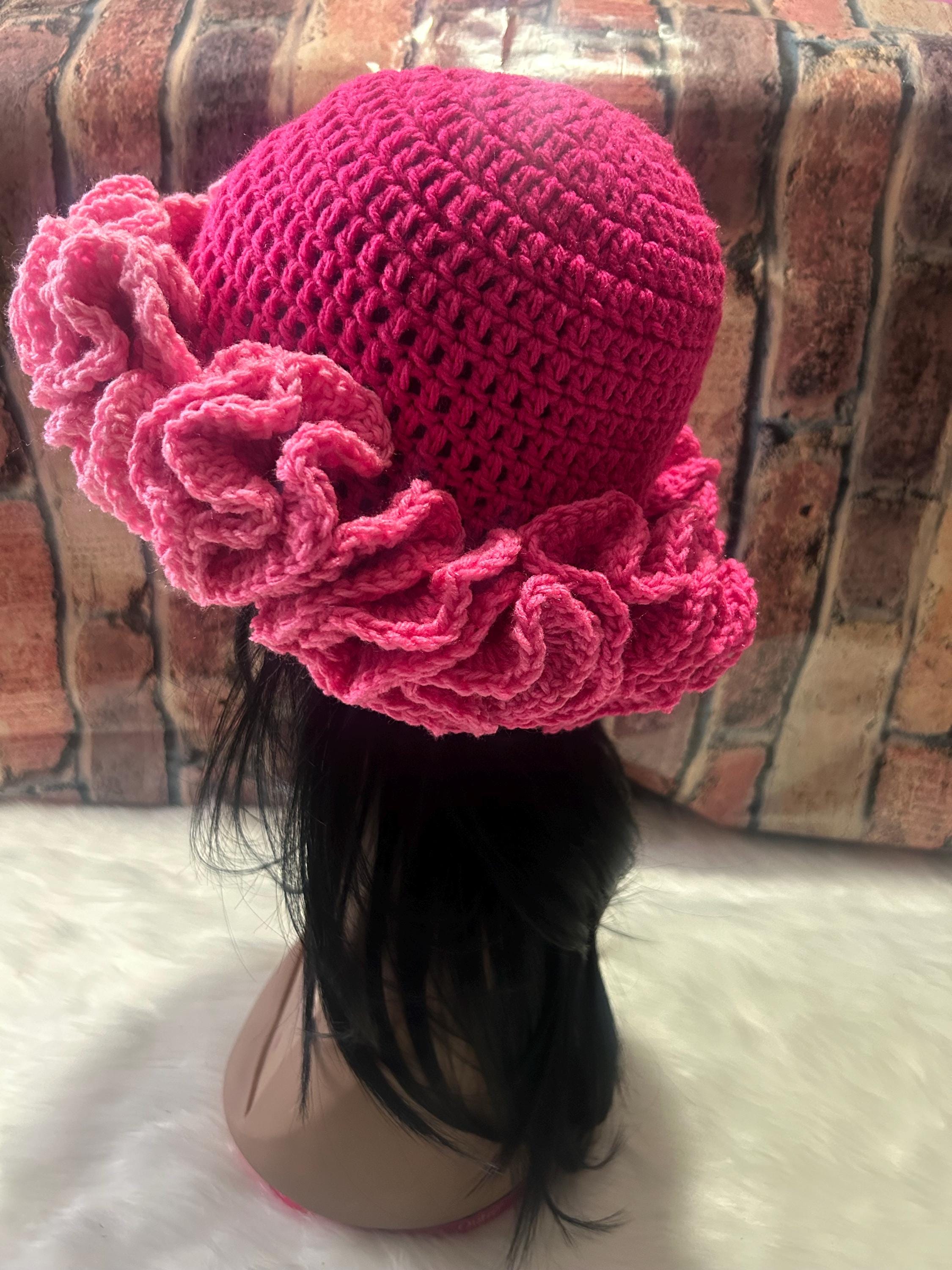 Handmade Crochet Ruffle Hat Pink‎ Statement Bonnet Cozy Winter Unique Artisan A video tutorial of this chenille crochet ruffle hat is up  main image 2