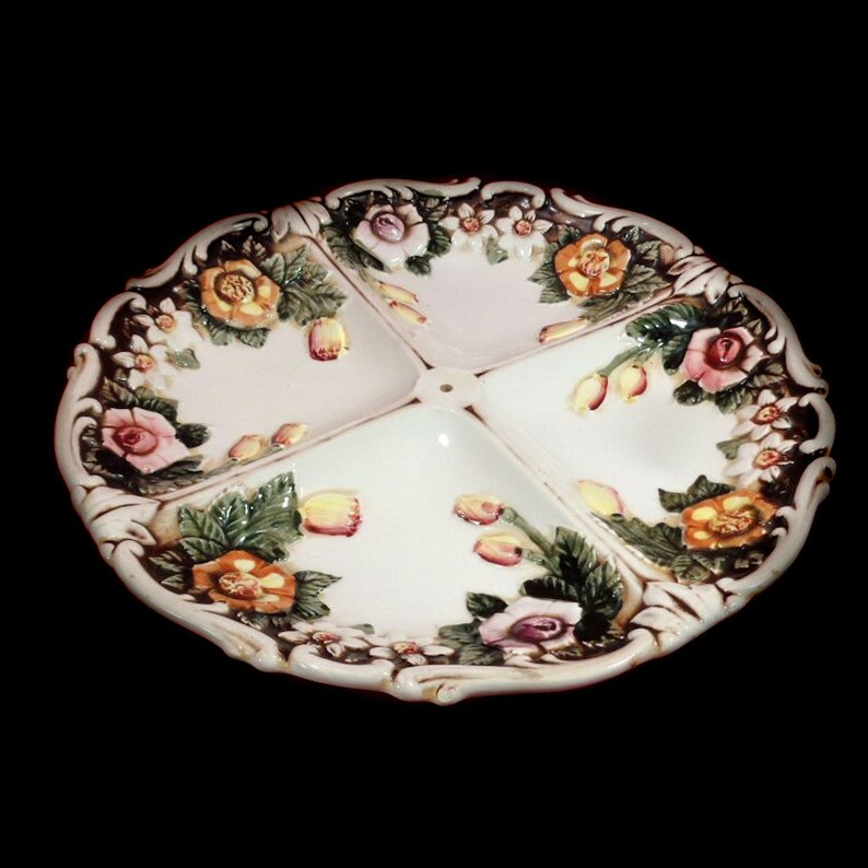 Ceramic Embossed Ornate Floral Divided Serving Tray Platter Relish Dish