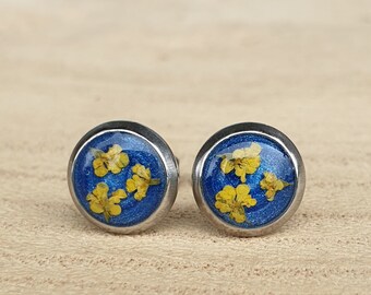 Small Blue & Silver Stud Earrings with Yellow Flowers // Perfect Gift // Gift For Her