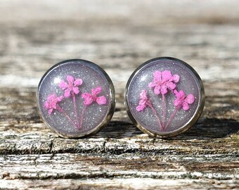 Grey & Bright Pink Real Flower Stud Earrings