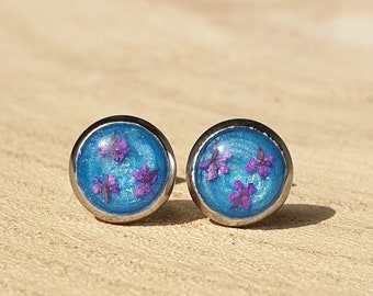 Small Light Blue & Silver Stud Earrings with Purple Flowers // Perfect Gift // Gift For Her