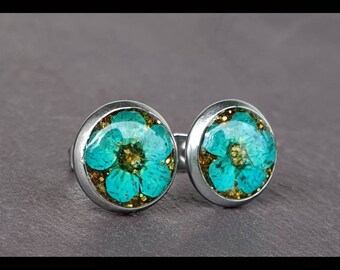 Turquoise Flowers & Gold Glitter Stud Earrings // Gift for her