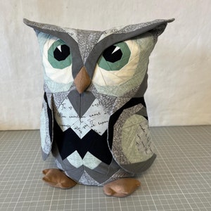 Könnte beinhalten: Ein graues und grünes Eulenkissen mit einem schwarz-weißen Muster. Die Eule hat große, runde Augen und einen Schnabel. Das Kissen ist aus Stoff und hat eine weiche, plüschige Textur.