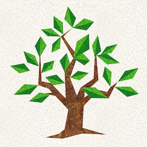 May include: A stylized green tree with a brown trunk and branches. The tree has many leaves that are shaped like diamonds.