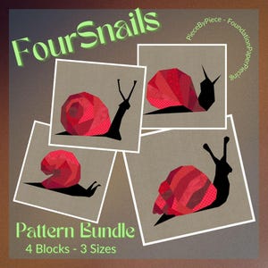 Könnte beinhalten: Ein Musterpaket mit vier Schneckenmotiven. Jede Schnecke hat ein rotes, geometrisches Gehäuse und einen schwarzen Körper. Der Text "Four Snails" und "Pattern Bundle" ist grün dargestellt. Das Paket enthält 4 Blöcke in 3 Größen.