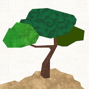 Könnte beinhalten: Ein grüner Baum mit einem braunen Stamm und einem gemusterten grünen Blatt. Der Baum steht auf braunem Boden.