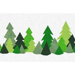 Könnte beinhalten: Eine digitale Illustration eines Waldes mit einer Reihe grüner Bäume in verschiedenen Größen und Formen vor weißem Hintergrund.