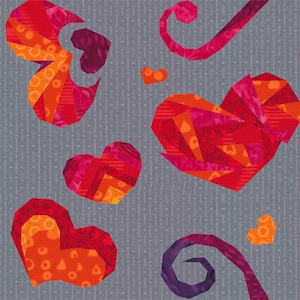 Könnte beinhalten: Ein grauer Hintergrund mit einem Muster aus kleinen weißen Punkten. Es gibt mehrere rote, orange und violette Herzen mit einem geometrischen Muster. Einige der Herzen sind schwarz umrandet.