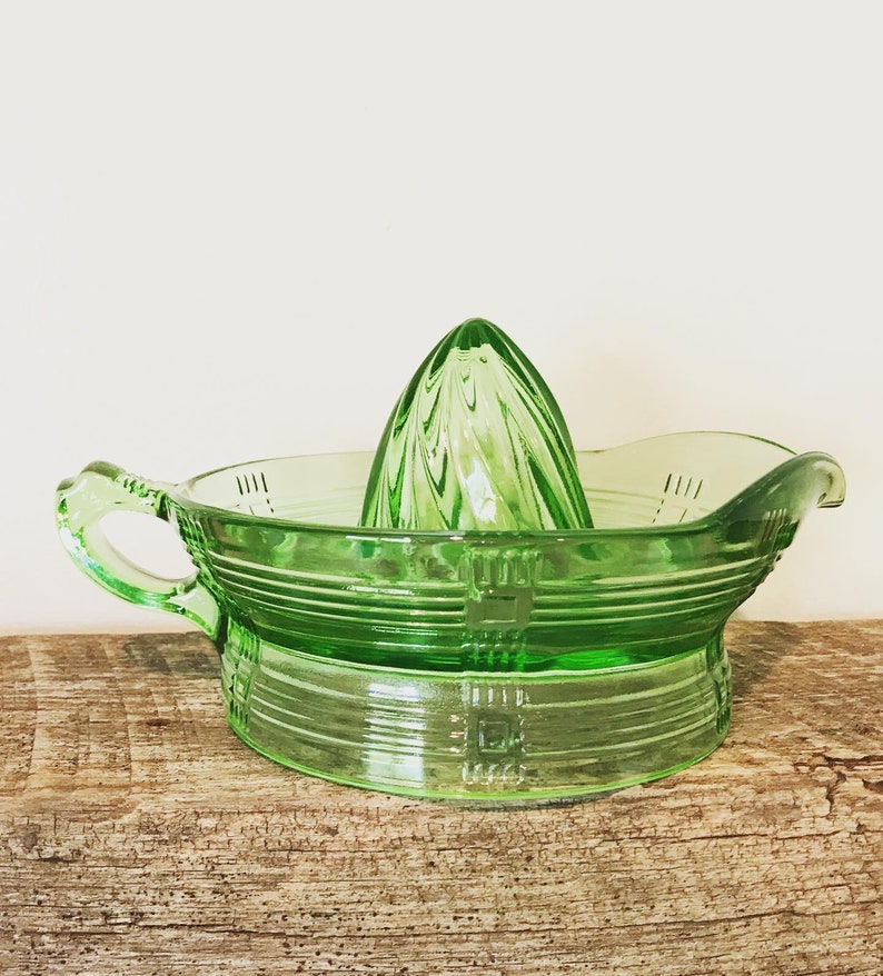 Antique Depression Glass Juicer, Green Vaseline Juice Maker Vintage Etsy