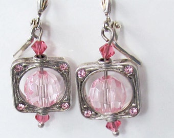 Romantic Pink Glass & Crystal Drop Earrings - Valentine Gift For Her - Pink Framed Dangle Earrings - Bridal Jewelry - Feminine Gift For Mom