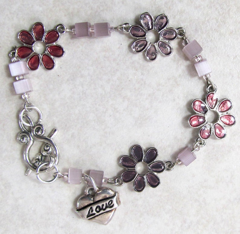 Enameled Flowers LOVE Charm Bracelet Lavender And Rose Etsy