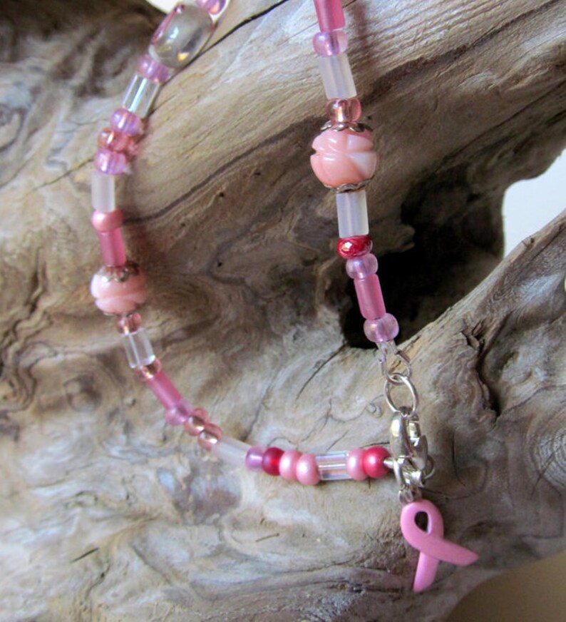thumbnail image 2 of Breast Awareness Bracelet For Women, Ribbon Charm Beaded 2 of 11