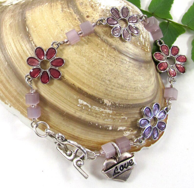 Enameled Flowers LOVE Charm Bracelet Lavender And Rose Etsy
