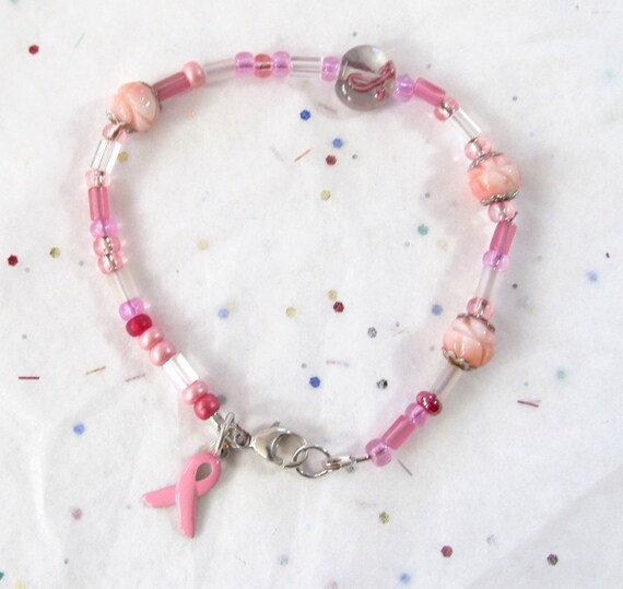 Breast Cancer Beaded Awareness Bracelet Pink Ribbon & Bead Etsy