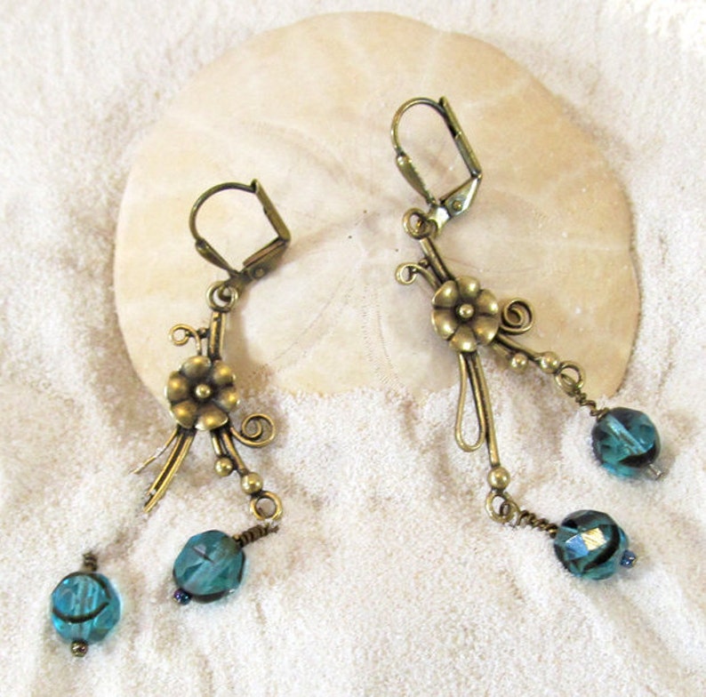 Teal Glass Beaded Chandelier Earrings Teal Blue & Brass Etsy