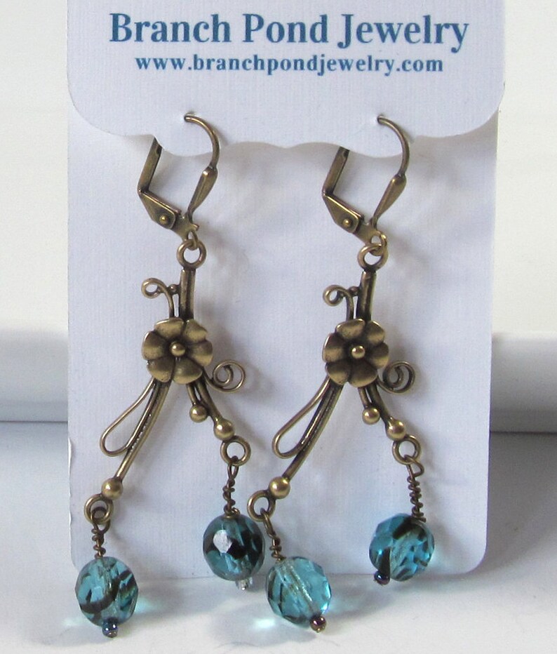 Teal Glass Beaded Chandelier Earrings Teal Blue & Brass Etsy