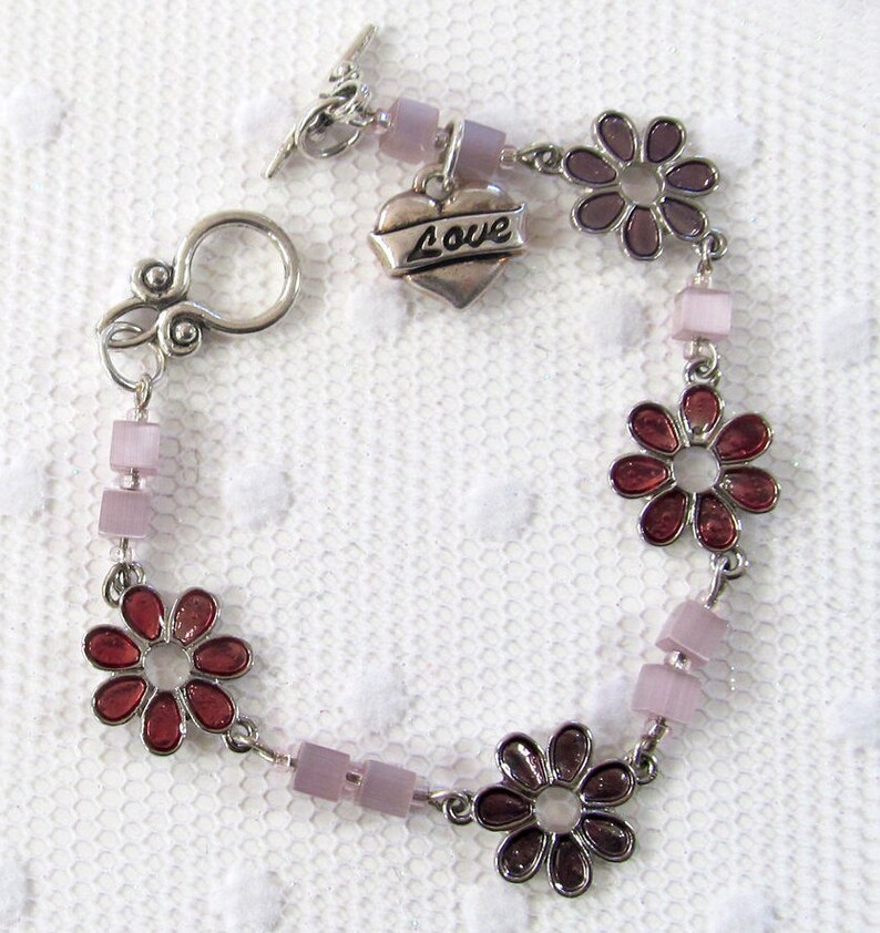 Enameled Flowers LOVE Charm Bracelet Lavender And Rose Etsy