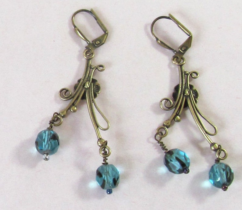 Teal Glass Beaded Chandelier Earrings Teal Blue & Brass Etsy