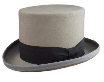 May include: A grey top hat with a black ribbon and a grey brim.