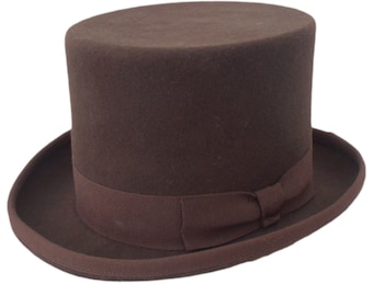 May include: A brown felt top hat with a black ribbon.