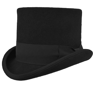 May include: A black top hat with a wide brim and a black ribbon around the crown.