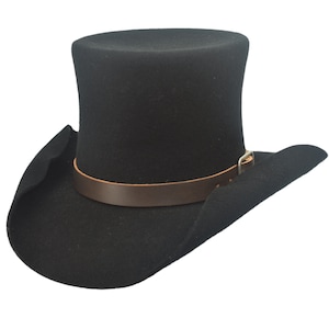 May include: A black felt cowboy hat with a tall crown and a wide brim. The hat has a brown leather band with a silver buckle.
