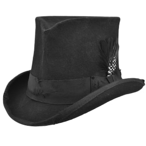 May include: A black top hat with a wide brim and a black feather accent. The hat has a distressed look with frayed edges.