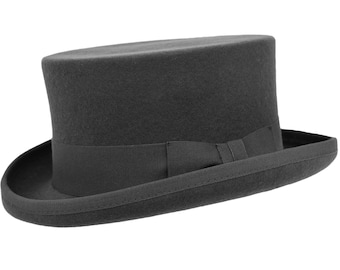 May include: A grey top hat with a black ribbon.