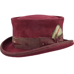May include: A burgundy velvet top hat with a brown ribbon and a small white feather accent.