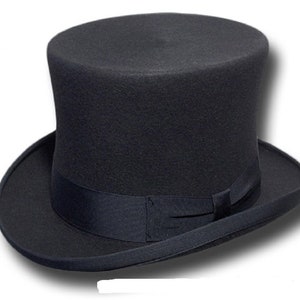 May include: A black top hat with a wide brim and a black satin band.