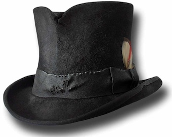 May include: A black top hat with a wide brim and a black ribbon band. The hat has a small feather accent on the side.