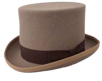 May include: A brown top hat with a brown band and a tan brim.
