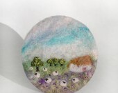 Wet felt brooch, sheep on pasture, embroidered brooch, hand embroidered, village paradise, nature felt motive