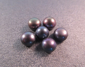 Black Peacock Half Drilled Freshwater Button Pearl Beads 7-8mm 6pcs