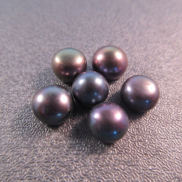 Black Peacock Half Drilled Freshwater Button Pearl Beads 7-8mm 6pcs